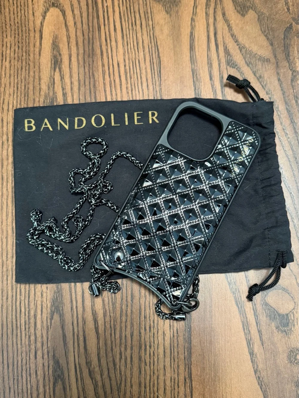 Bandolier Black Quilted Patent iPhone 13 Pro Case with Chain Strap